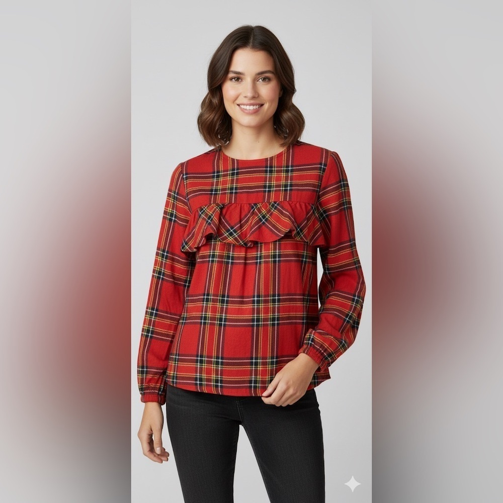 J. Crew Red Plaid Ruffle Blouse